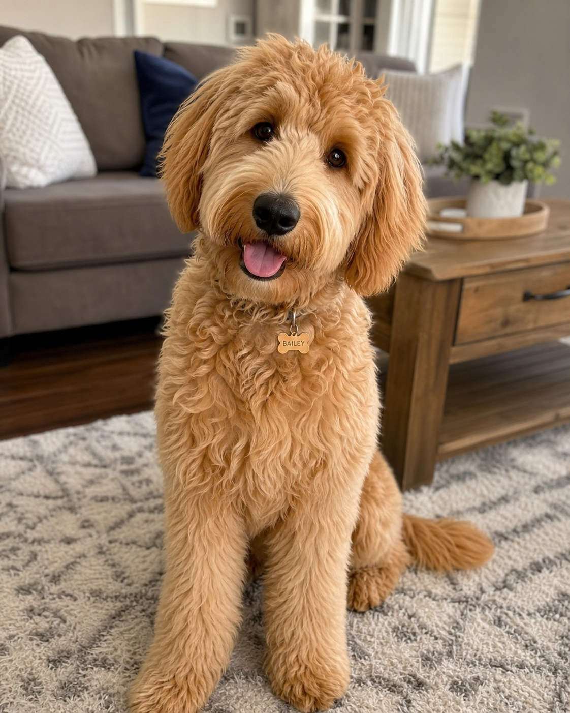 A fluffy golden dog named Bailey sitting on a rug in a living room