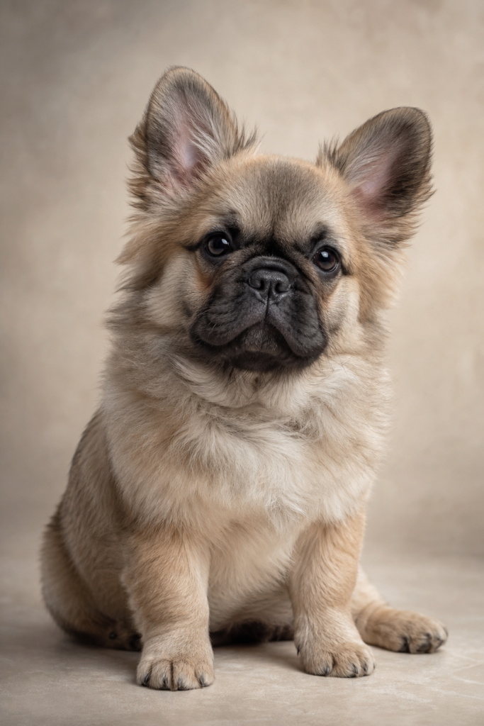 A small tan puppy with large ears sitting against a neutral background