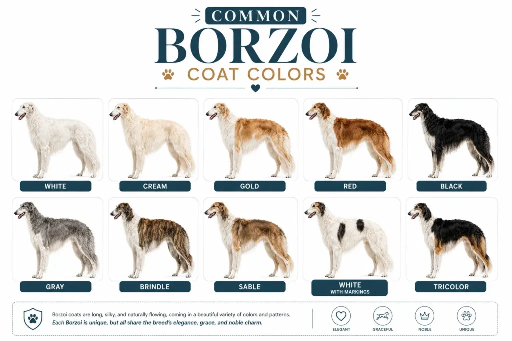 Different Borzoi coat colors including white, cream, gold, black, brindle, sable, and tricolor.
