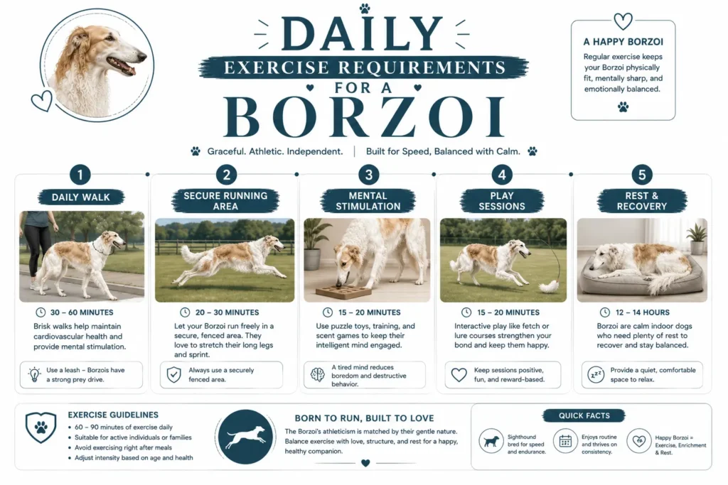 Daily exercise requirements for a Borzoi including walking, running, and mental stimulation.