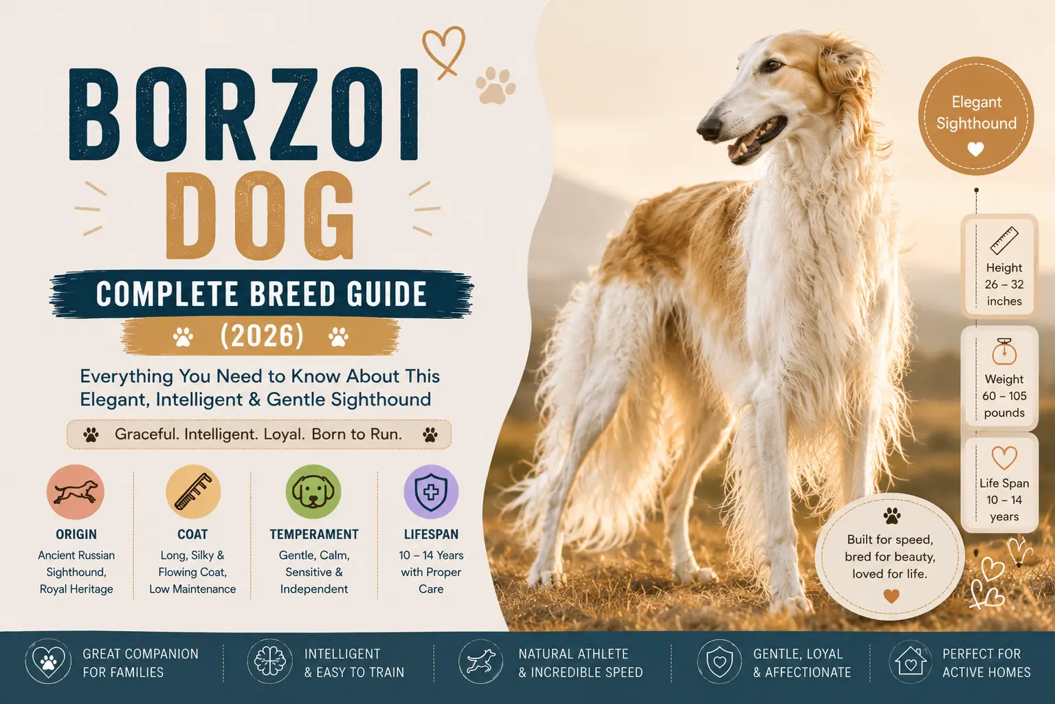 Borzoi dog standing in a field showing its long silky coat and elegant appearance.