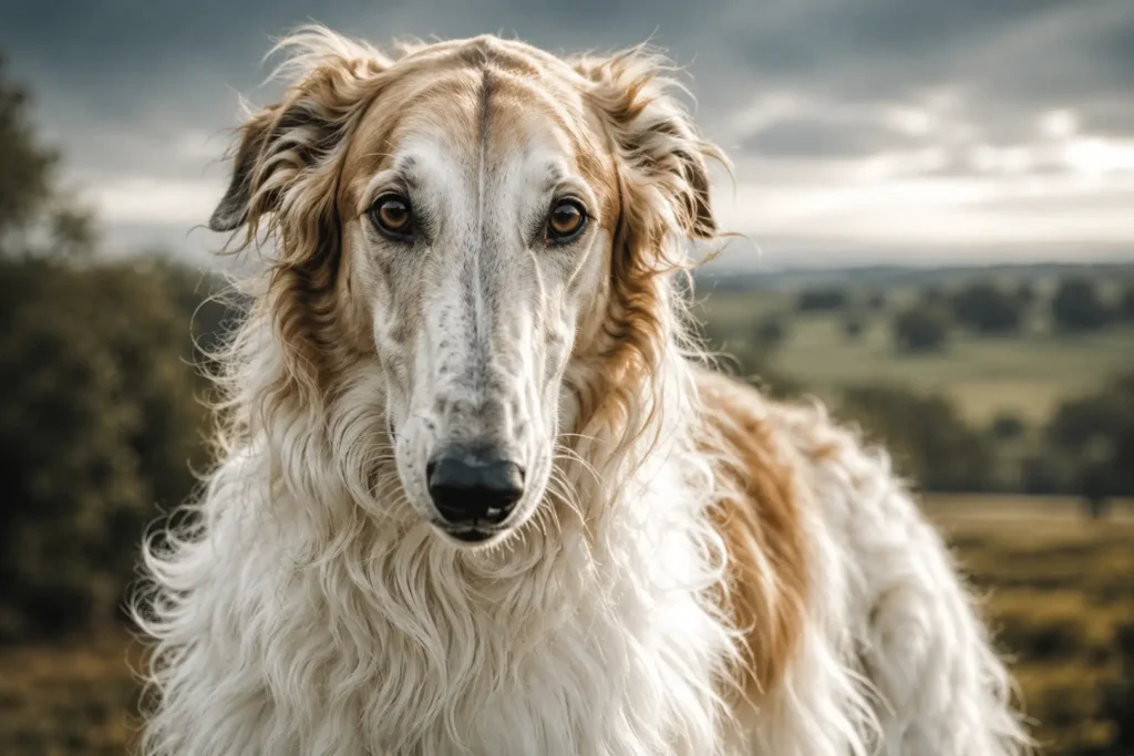 Close-up portrait of a Borzoi showing its expressive eyes and silky white coat.