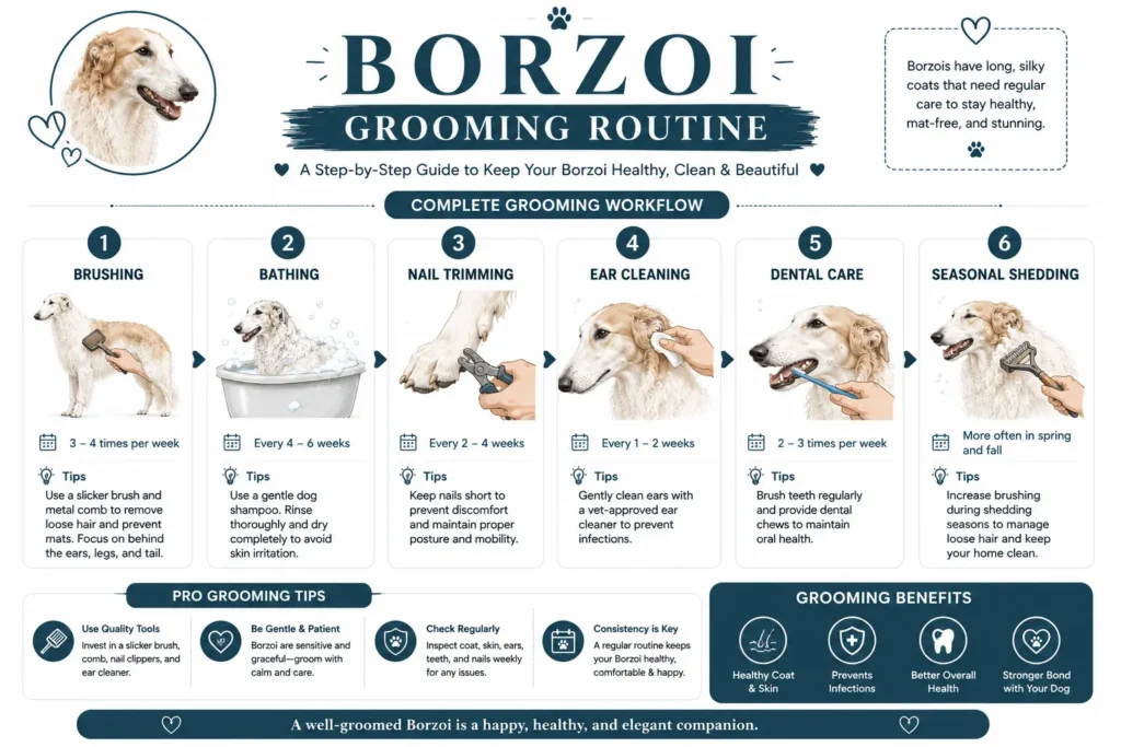 Borzoi grooming routine including brushing, bathing, nail trimming, and coat care.