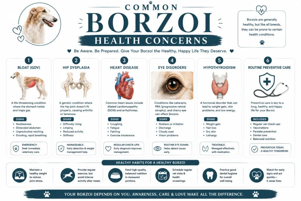 Veterinary health checklist showing common Borzoi health conditions and preventive care.