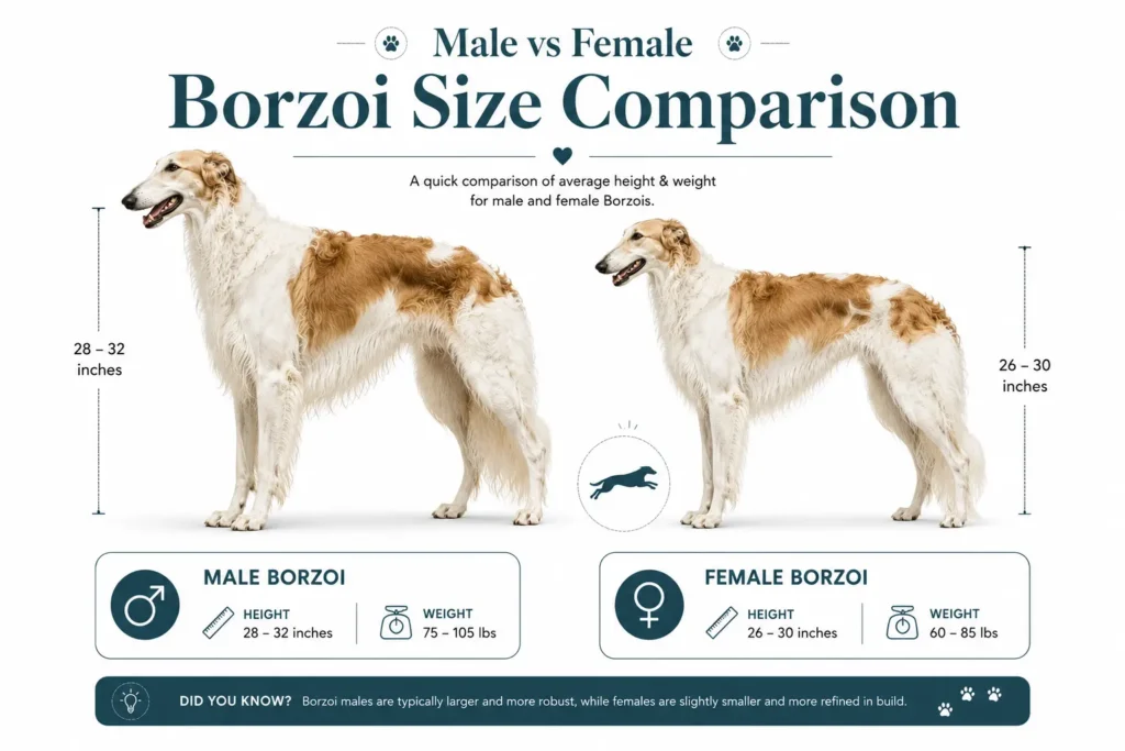 Male and female Borzoi size comparison showing differences in height and weight.