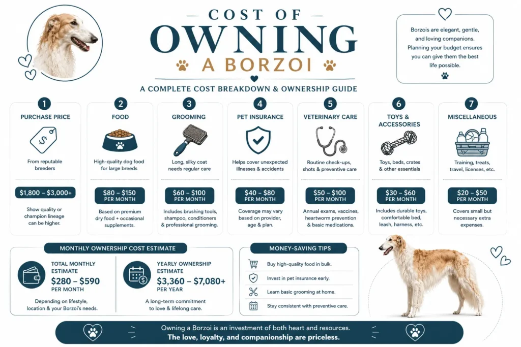 Cost breakdown of owning a Borzoi including food, grooming, insurance, veterinary care, and supplies.