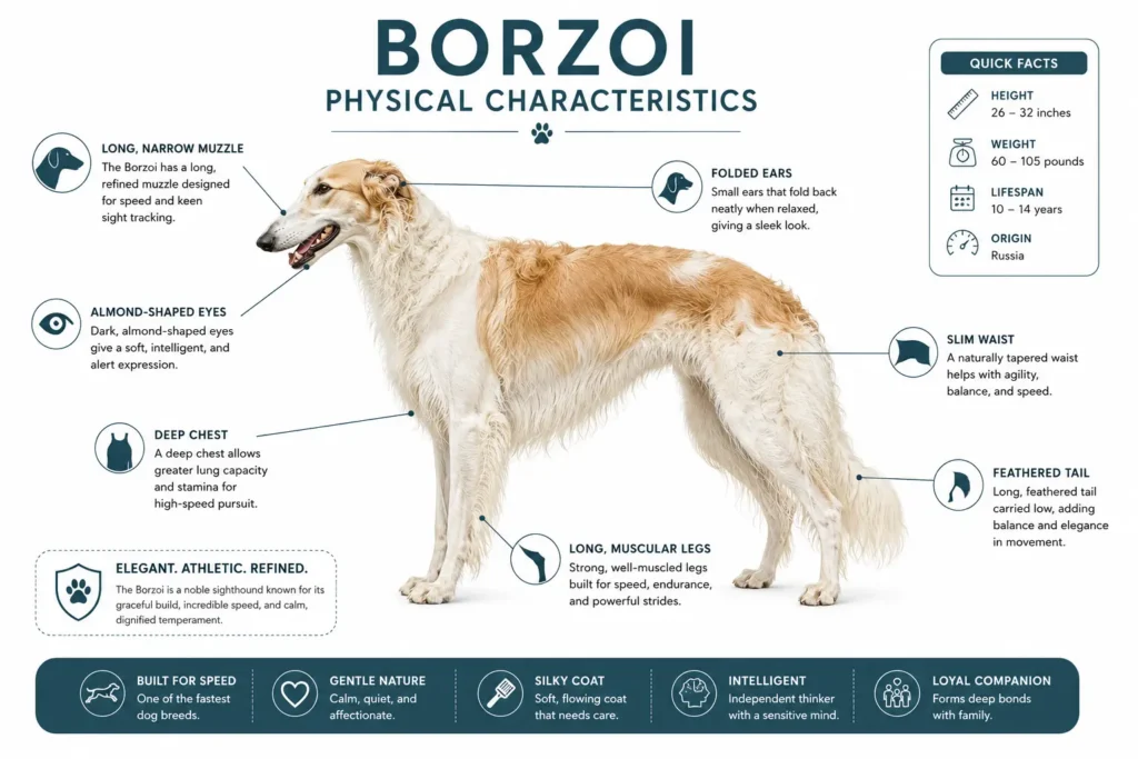 Illustration showing the physical characteristics of a Borzoi including long muzzle, deep chest, and silky coat.