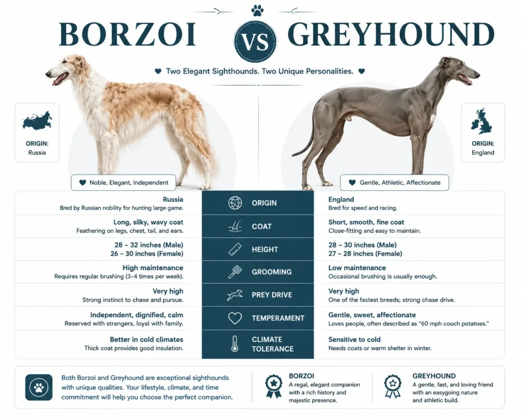 Comparison between Borzoi and Greyhound showing differences in coat, size, temperament, and grooming.